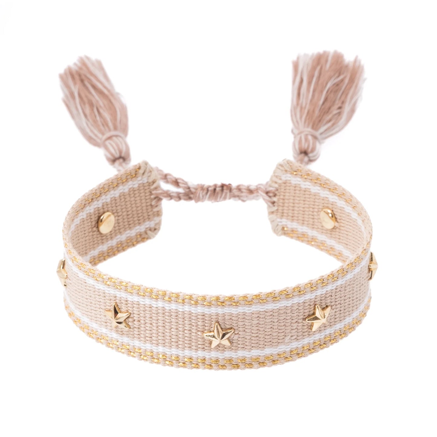 DARK Woven Friendship Bracelet w/star studs, Sand w/gold
