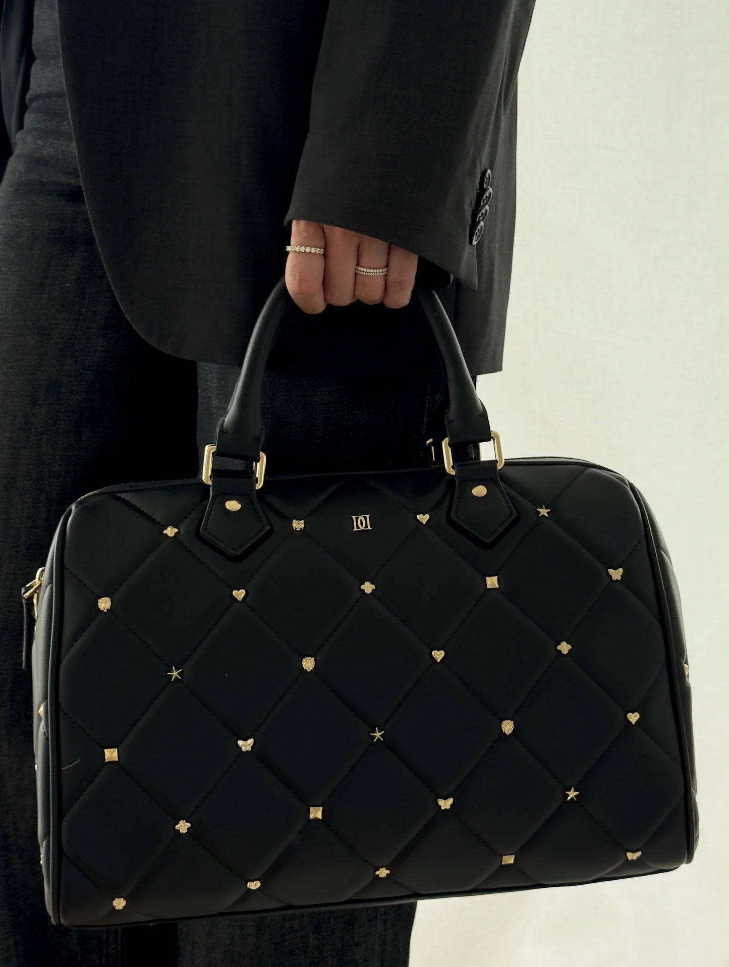 DARK Leather Quilted Bowler Bag Large w/Sign Stud