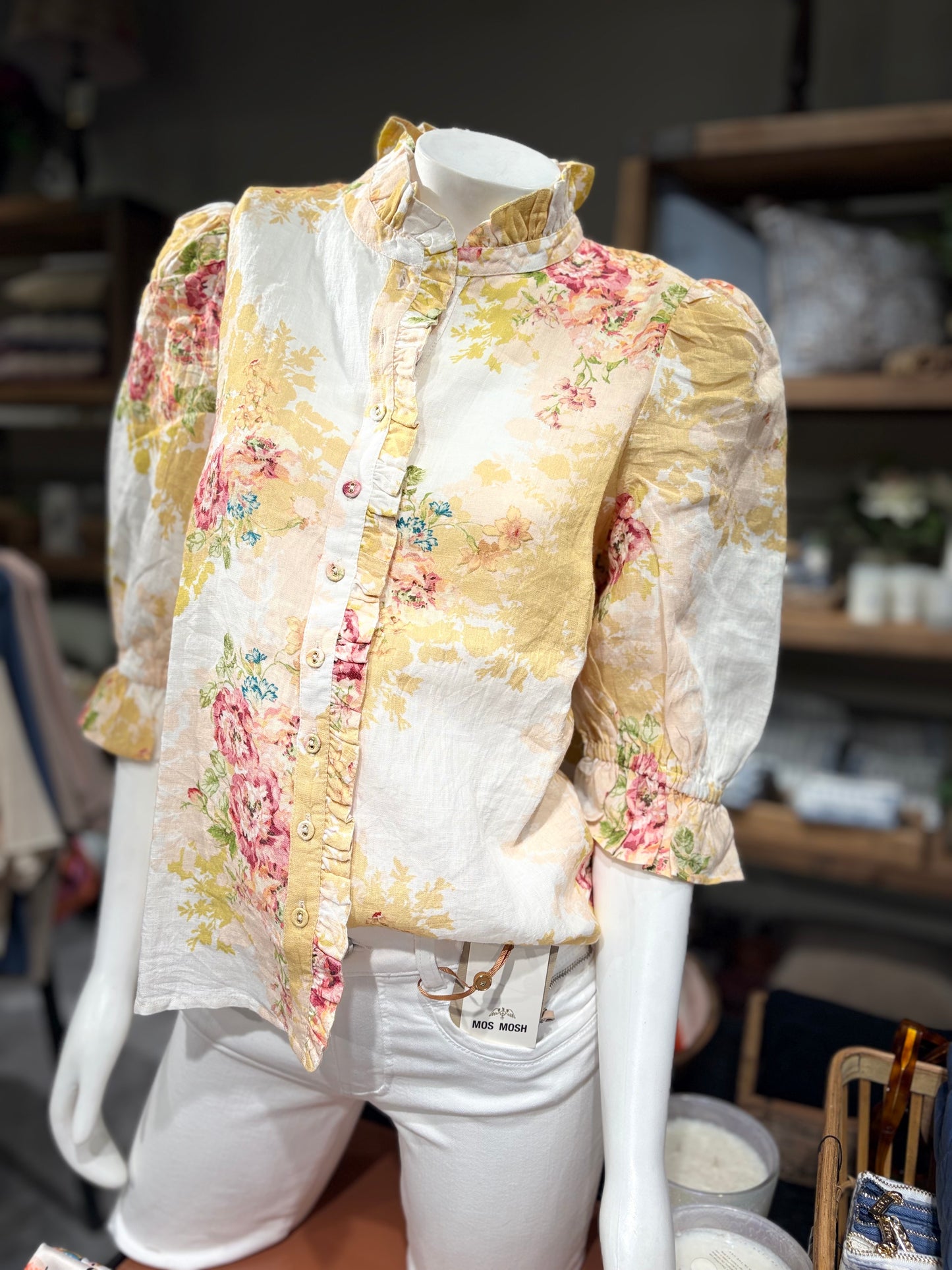 BY TIMO Linen Ruffle Blouse, yellow