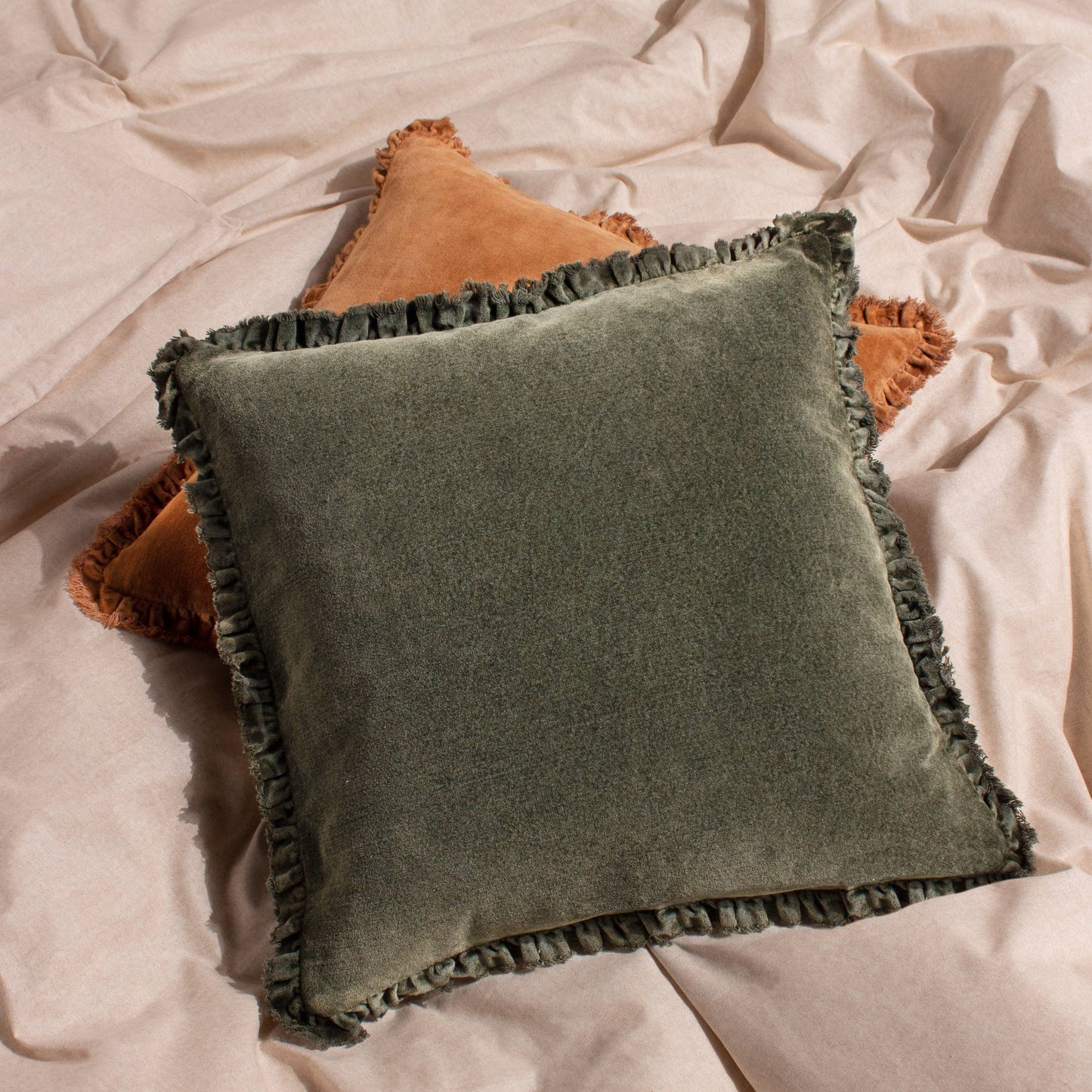 Bertie Washed Cotton Velvet Cushion Moss: Moss / Polyester Filled / 45 x 45cm