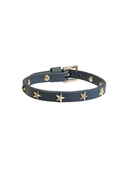 DARK Leather Star Stud Bracelet Mini, Steel blue/gold