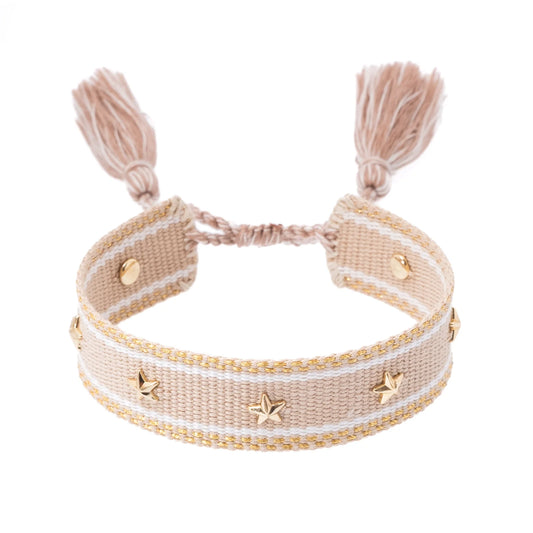 DARK Woven Friendship Bracelet w/star studs, Sand w/gold