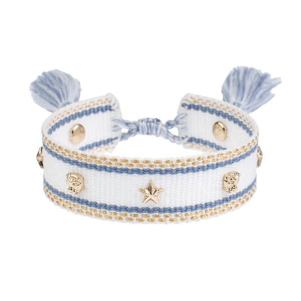 DARK Woven Friendship Bracelet w/star studs, White with country blue and gold