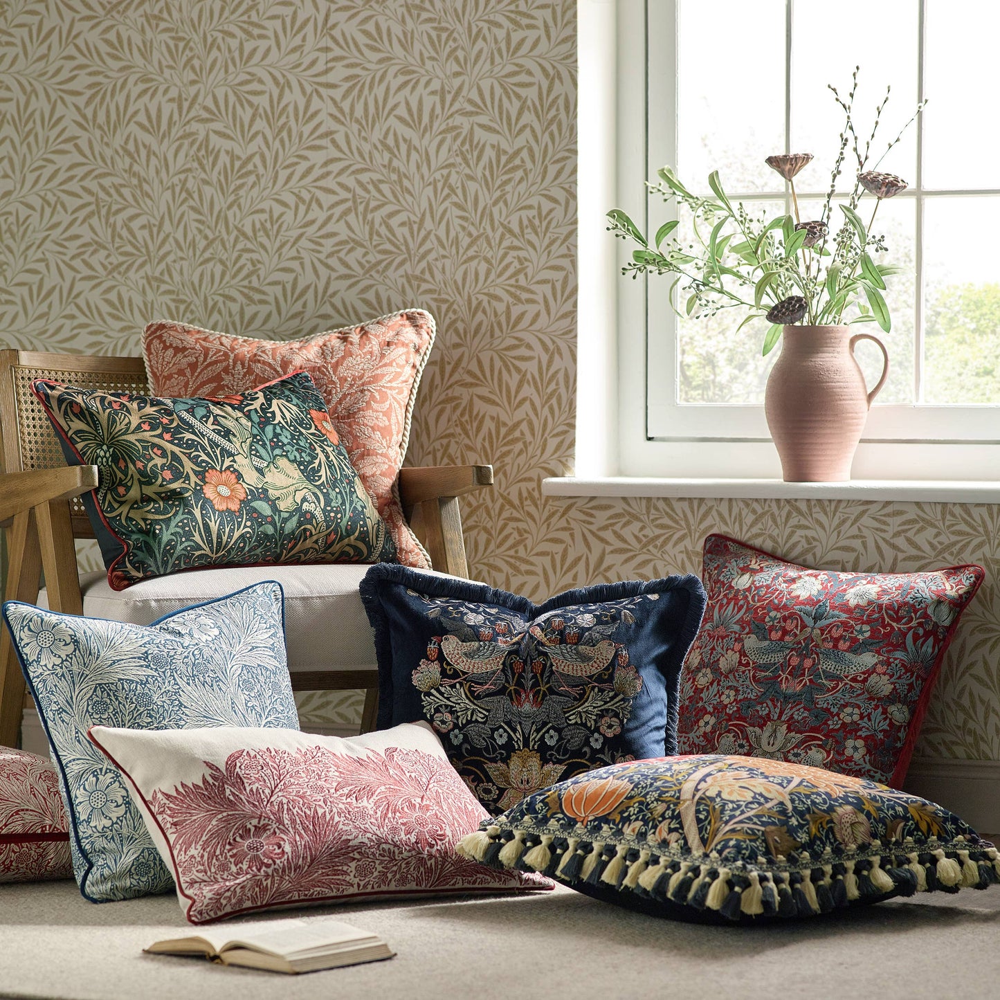 Strawberry Thief Piped Jacquard Cushion Berry: Berry / Cover Only / 55 x 55