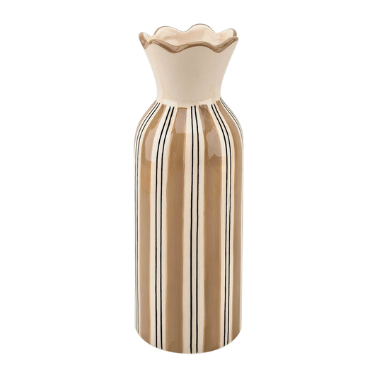 Beige striped ruffled-rim vase, Ø8.5 × H23.3 cm