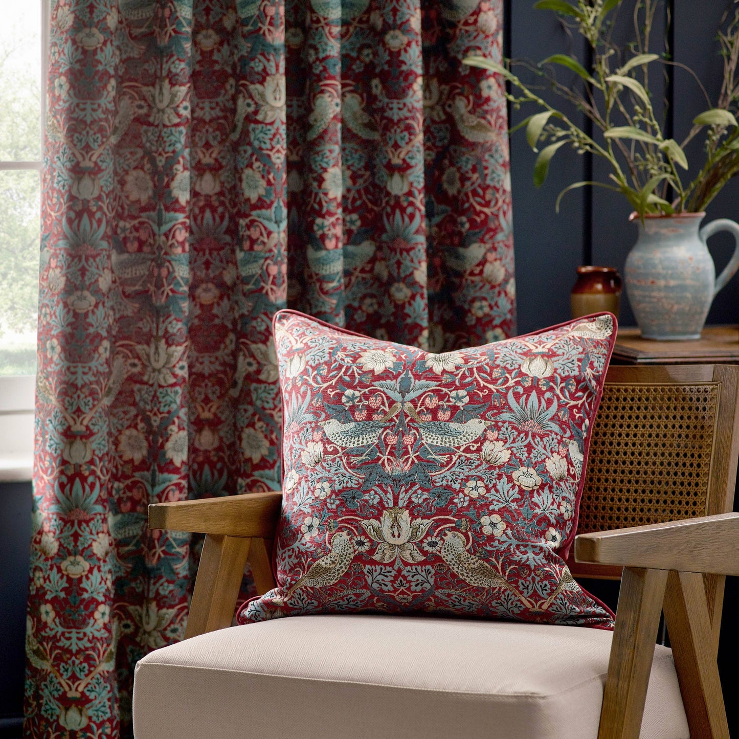 Strawberry Thief Piped Jacquard Cushion Berry: Berry / Cover Only / 55 x 55