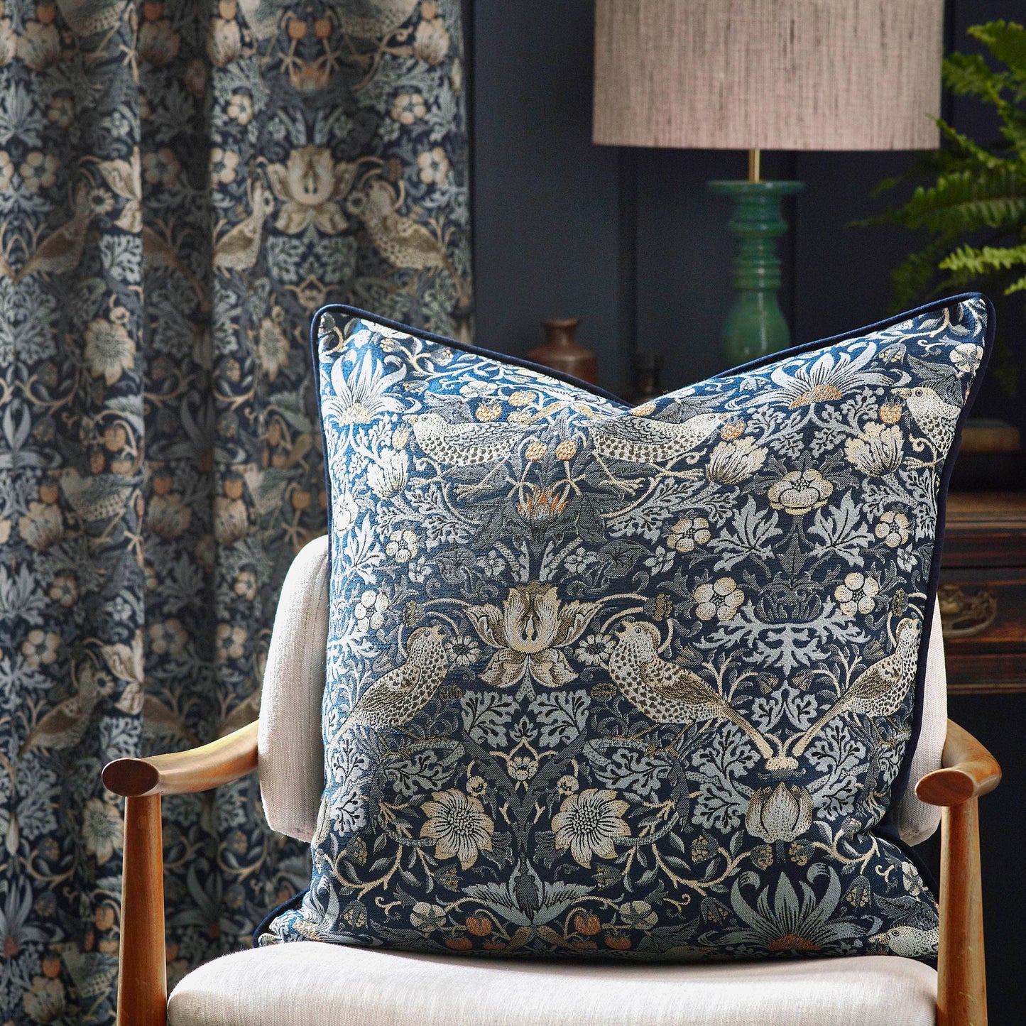 Strawberry Thief Piped Jacquard Cushion Indigo: Indigo / Cover Only / 55 x 55