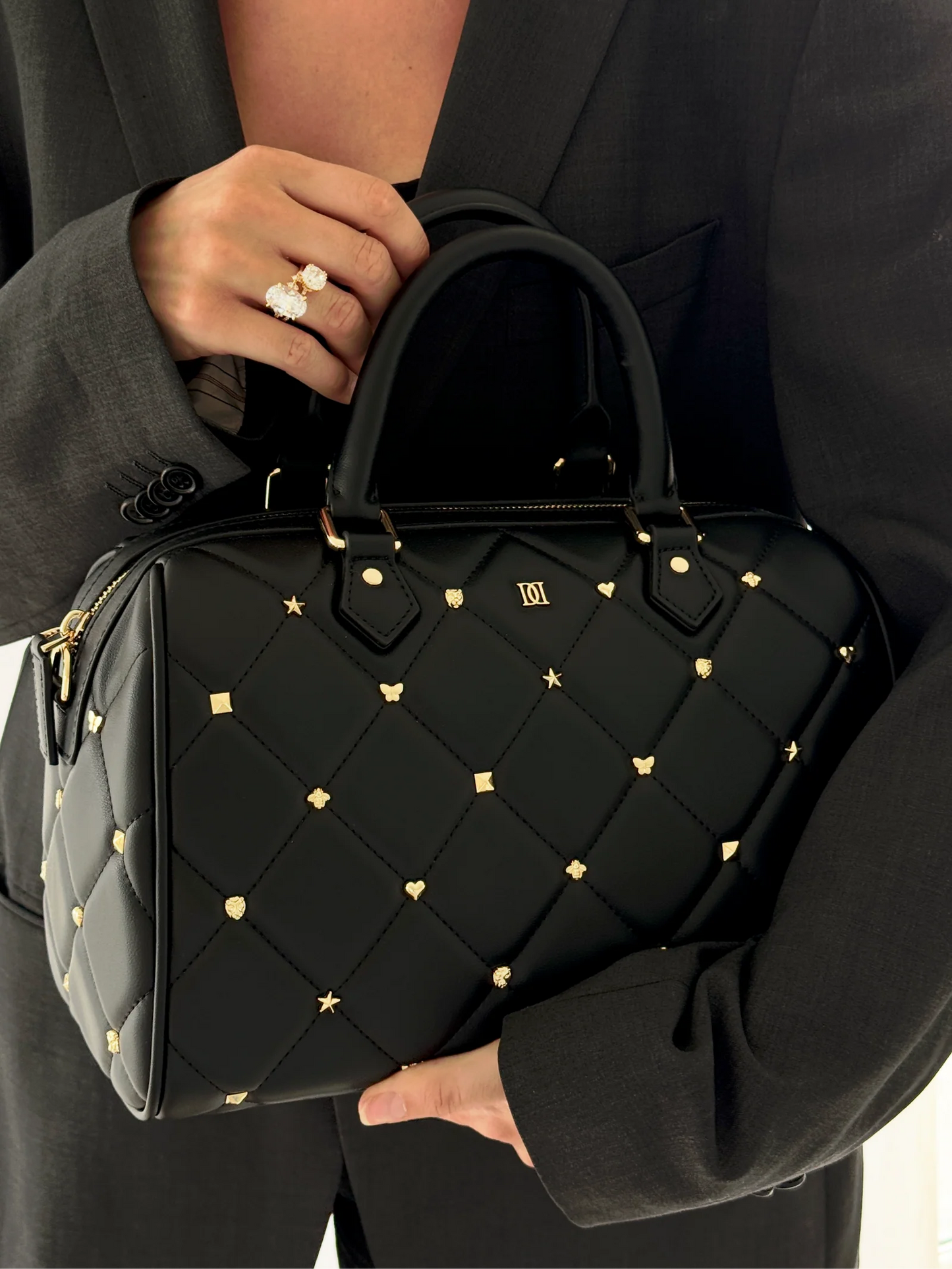 DARK Leather Quilted Bowler Bag Small w/Sign Stud (Kopi)